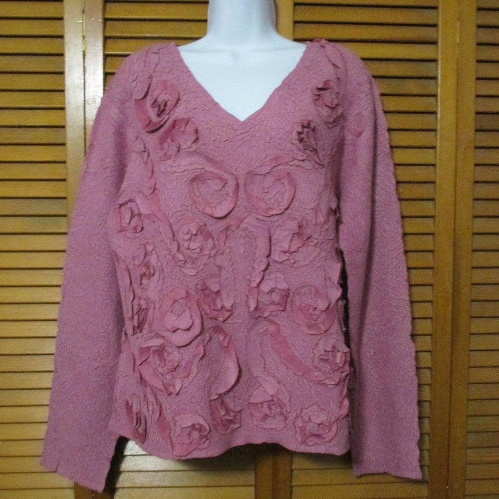 Fantazia Vintage top mauve/rose color stretch, textured V neck pullover size XL